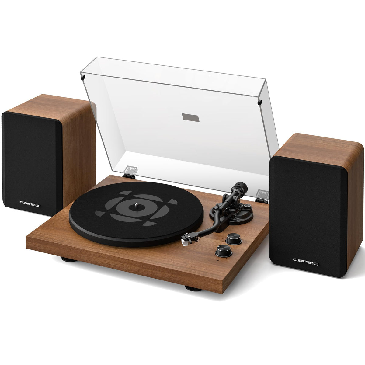 Qlearsoul SoulBox S1 Walnut front view with built-in stereo speakers for quick vinyl playback