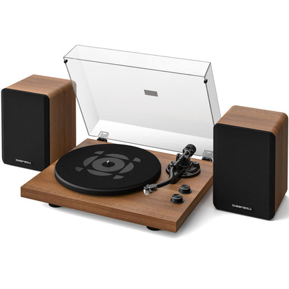 Qlearsoul SoulBox S1 Walnut front view with built-in stereo speakers for quick vinyl playback