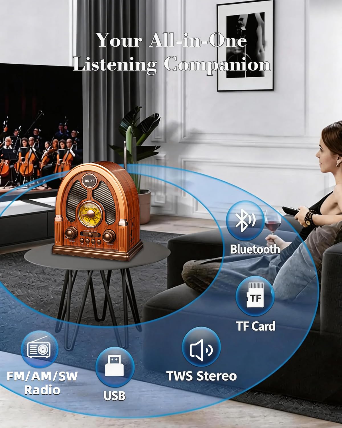 Qneye vintage radio with TWS stereo delivers immersive left and right channels