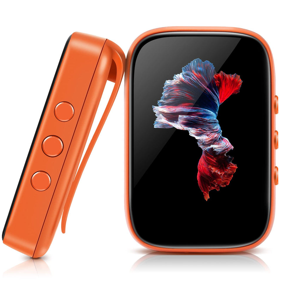 QNGEE front view showing screen and compact clip, ideal for hands-free workouts