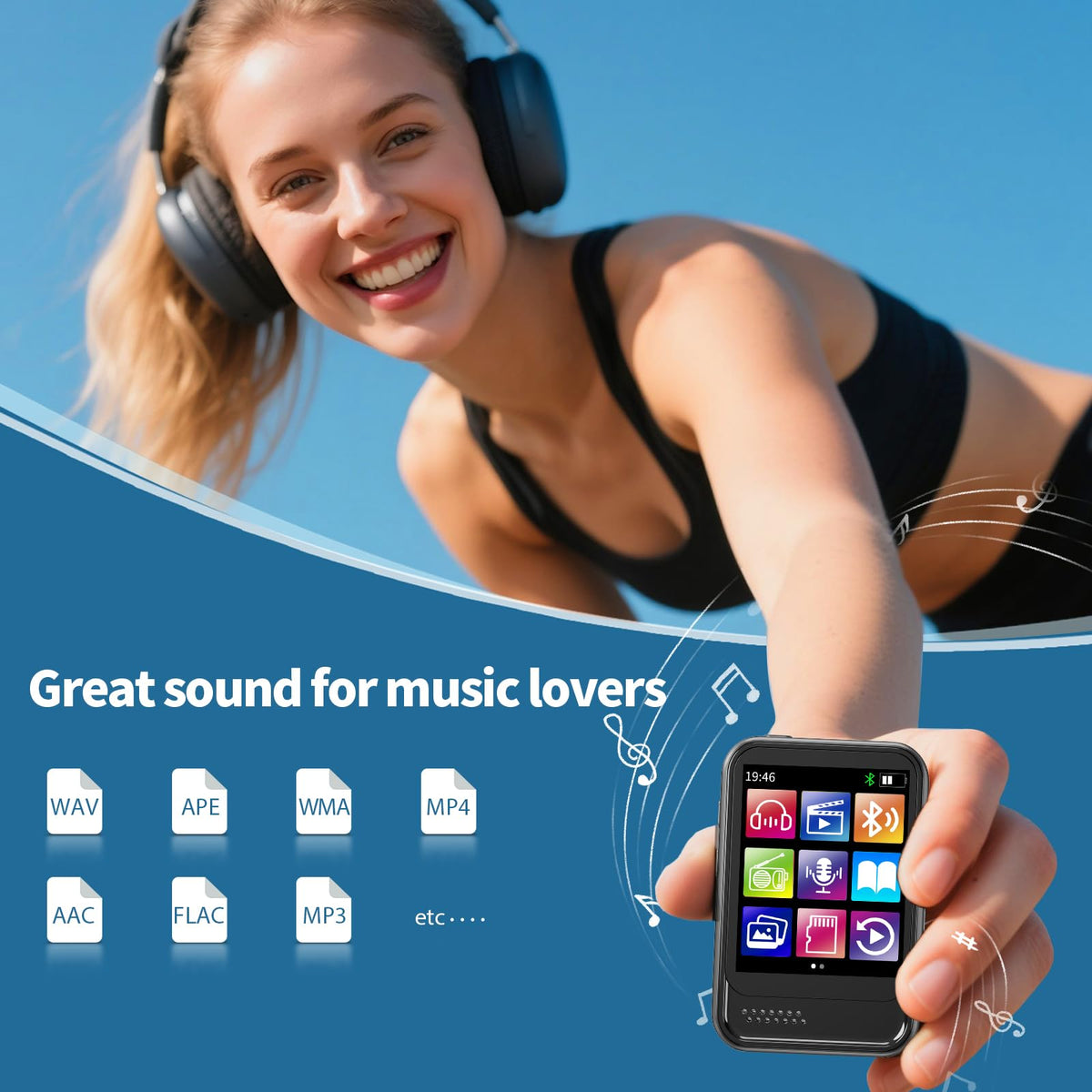 QNGEE multifunction display showcases FM radio, recording, alarm, and e-book features.