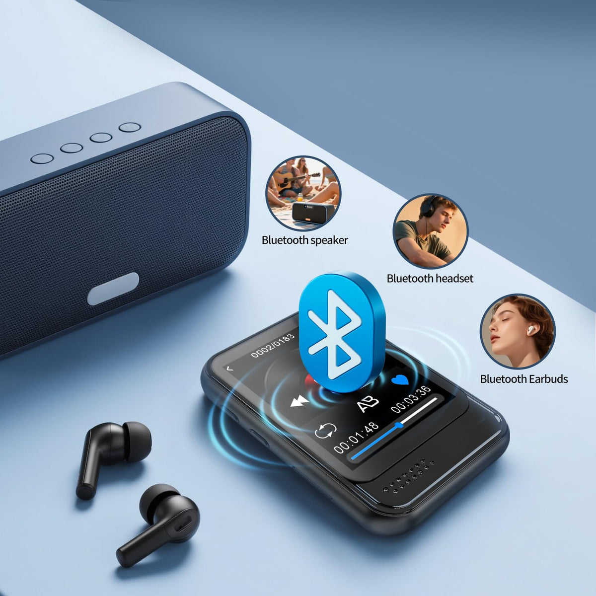 QNGEE portable music player back panel highlighting its lightweight body for sports use.