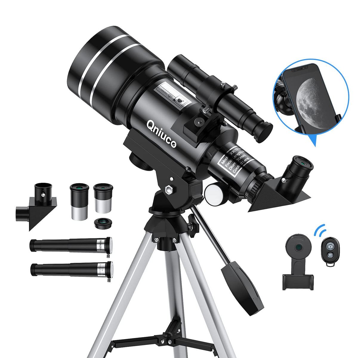qniuco front view showing telescope kit and boxed packaging for easy setup