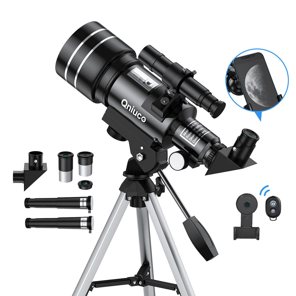 qniuco front view showing telescope kit and boxed packaging for easy setup