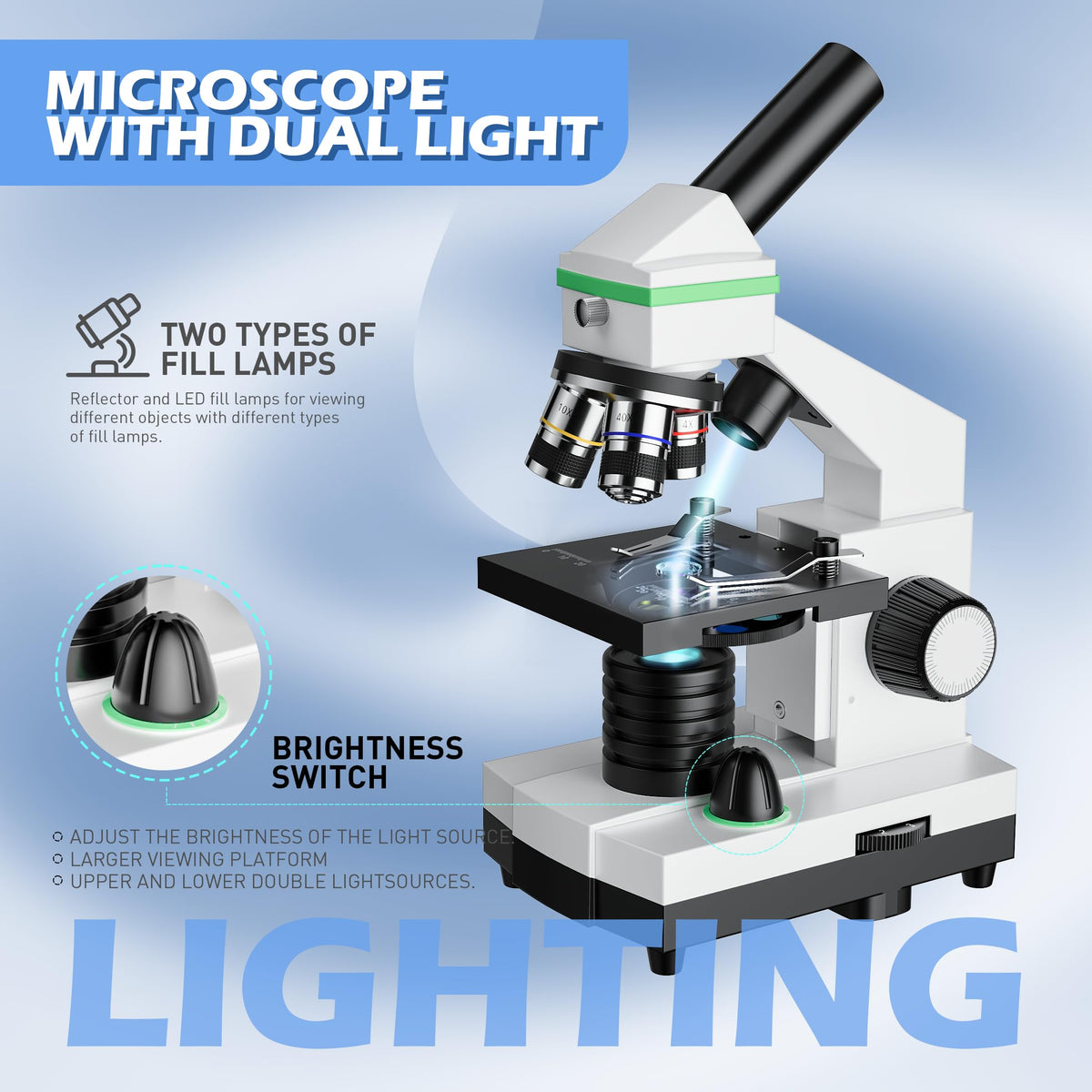 Qniuco microscope LED lighting reveals specimens under any light.