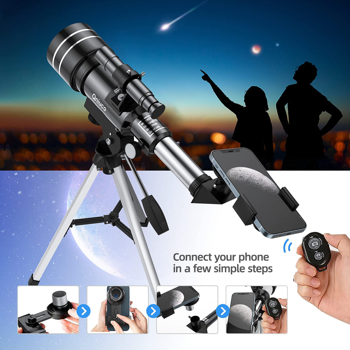 qniuco telescope beside backpack showing compact portability for travel