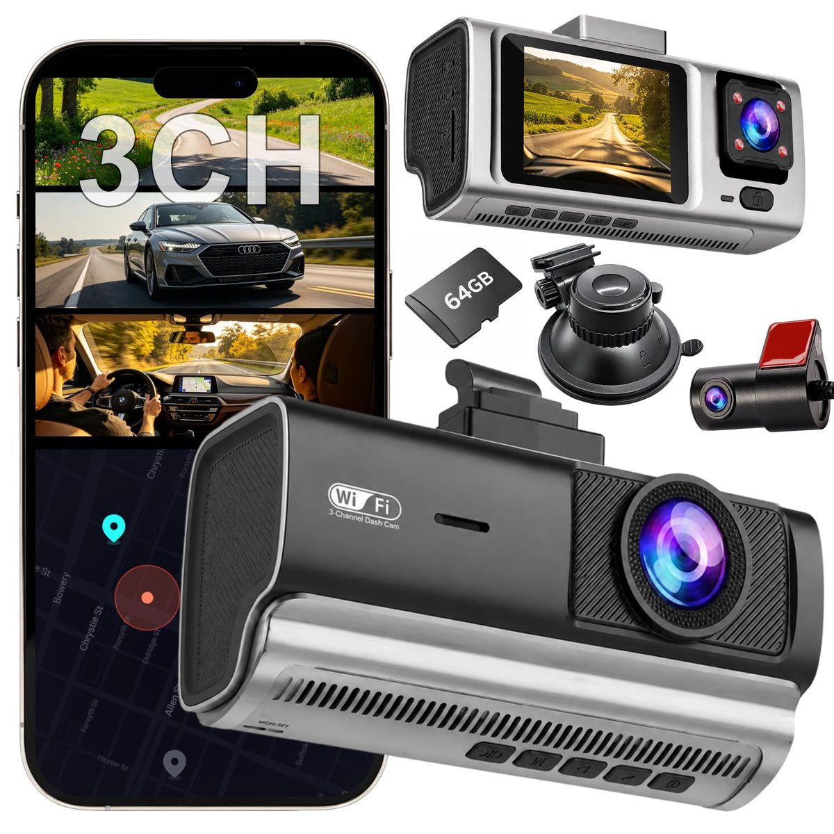 QOAK 3-channel dash cam front view delivers sharp 2.5K road footage.