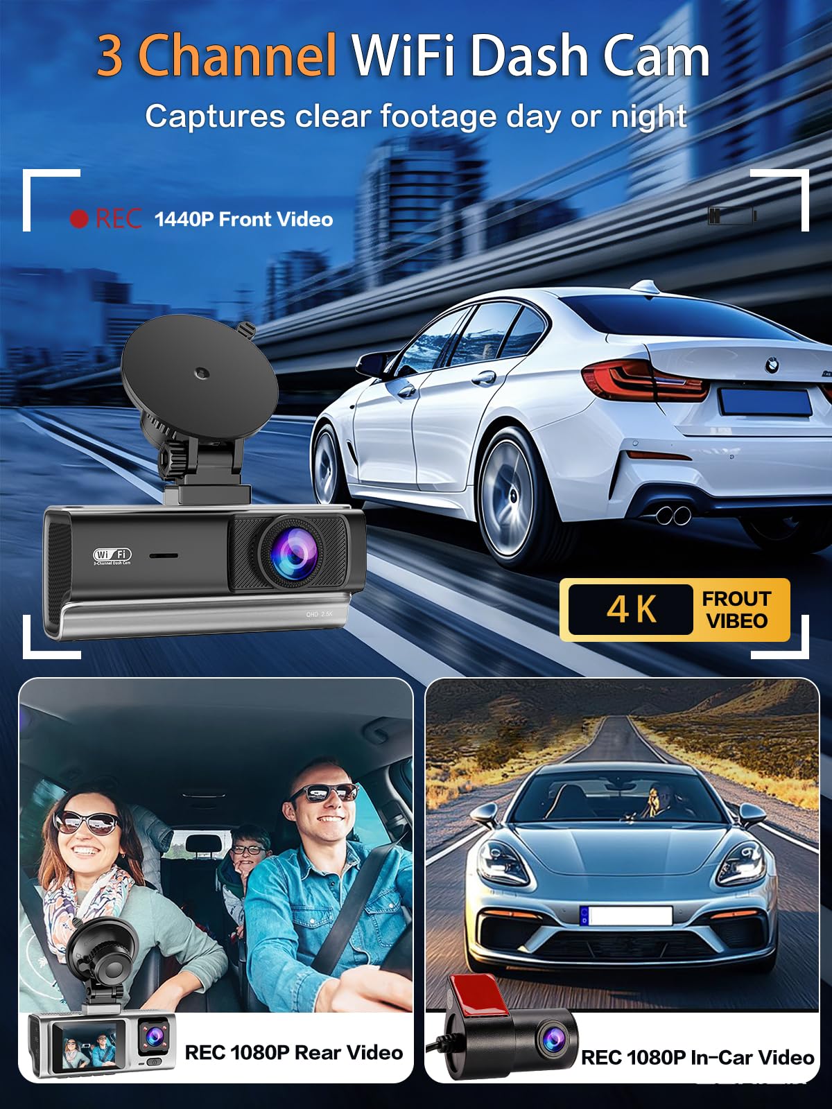 QOAK 3-channel dash cam inside cabin view captures clear passenger activity.