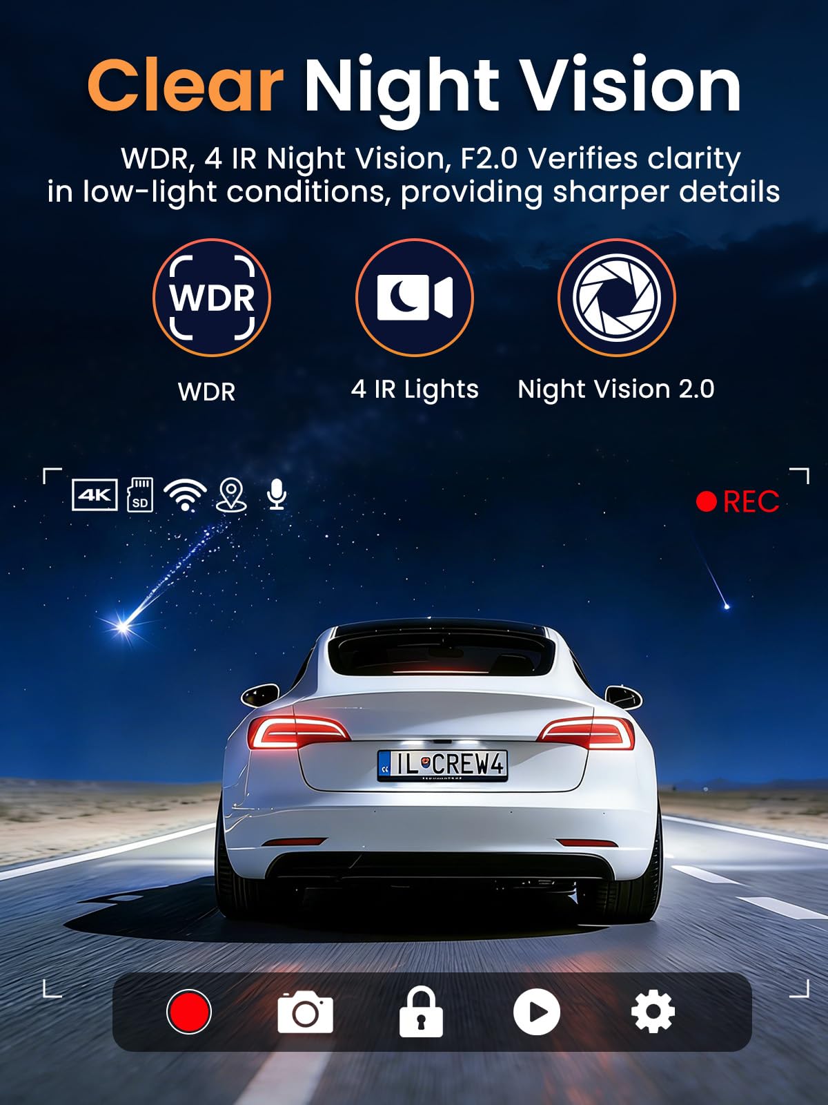 QOAK 3-channel dash cam rear view records traffic behind with reliable looping.
