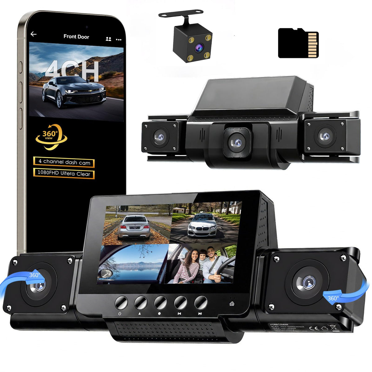QOAK 4-channel dash cam front and rear view for complete vehicle coverage