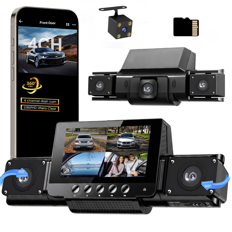 QOAK 4-channel dash cam front and rear view for complete vehicle coverage