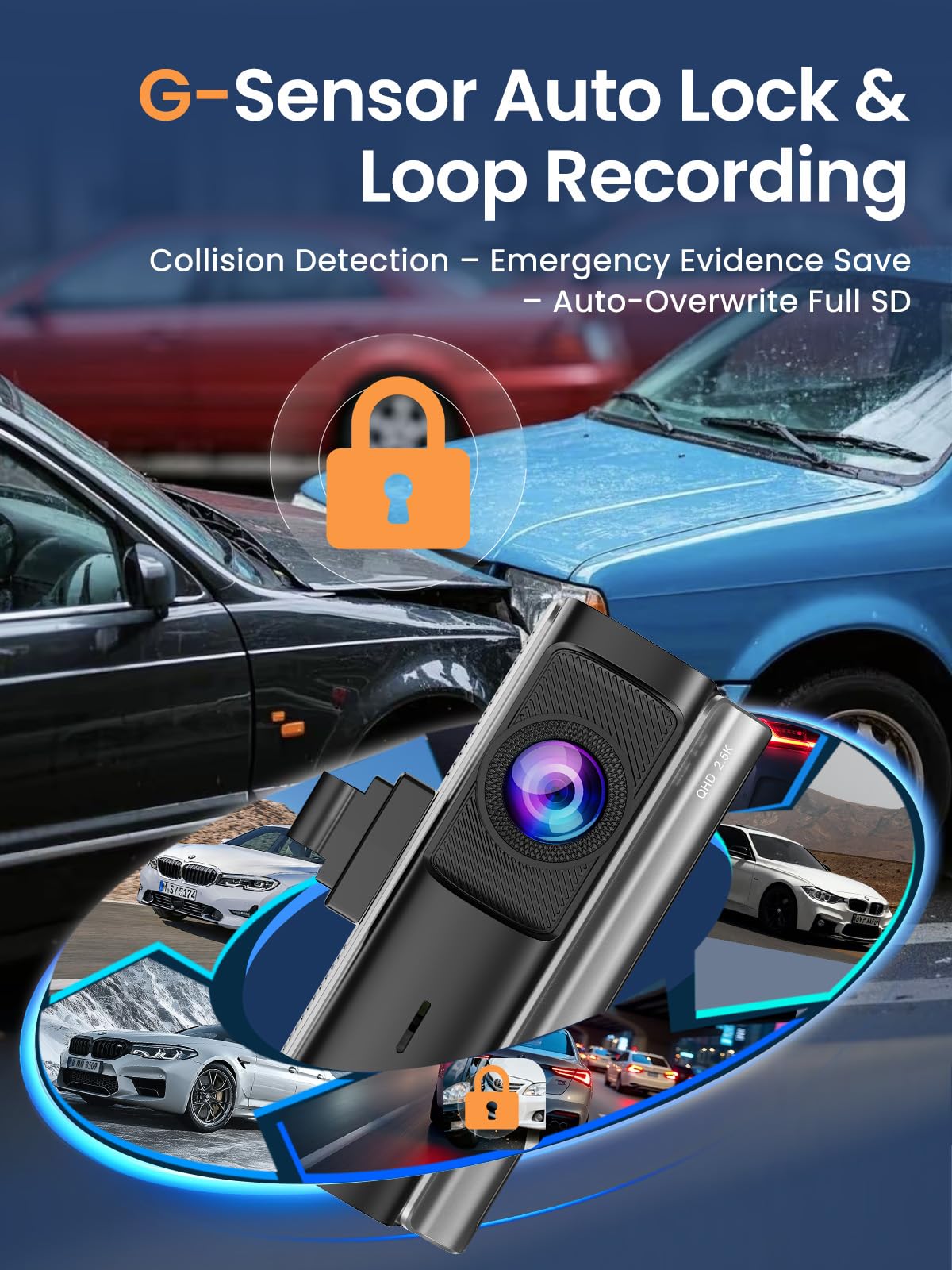 QOAK dash cam free 64GB card view highlights ready-to-use storage.