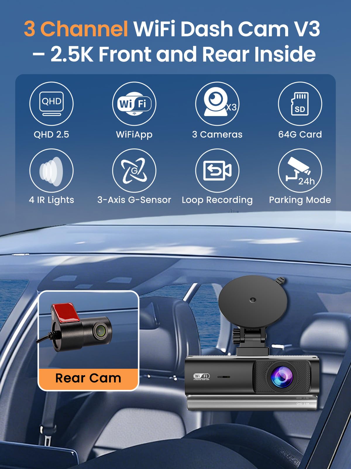 QOAK dash cam WiFi app control view enables quick video sharing.
