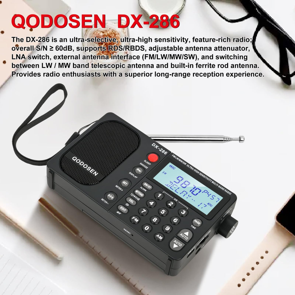 QODOSEN DX-286 side panel shows tuning controls and indicator.
