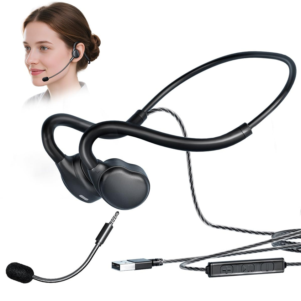 QOEKUEY open-ear headset design provides comfortable all-day wear during calls.