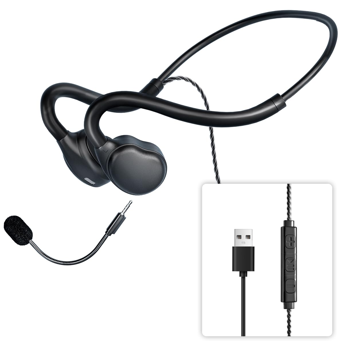 QOEKUEY open-ear headset design shown for long-call comfort and awareness