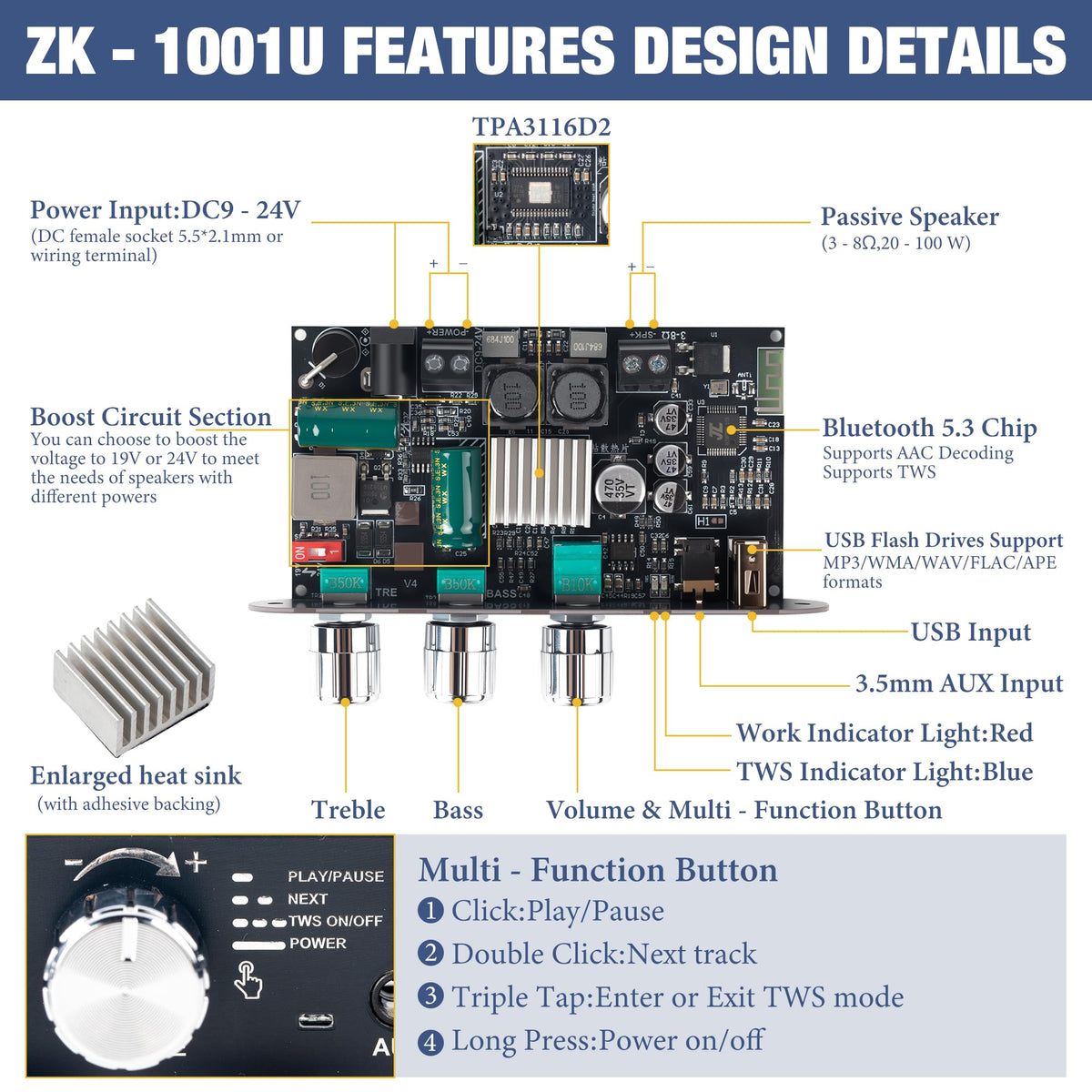 Qoroos ZK-1001U TWS pairing enables wireless stereo expansion