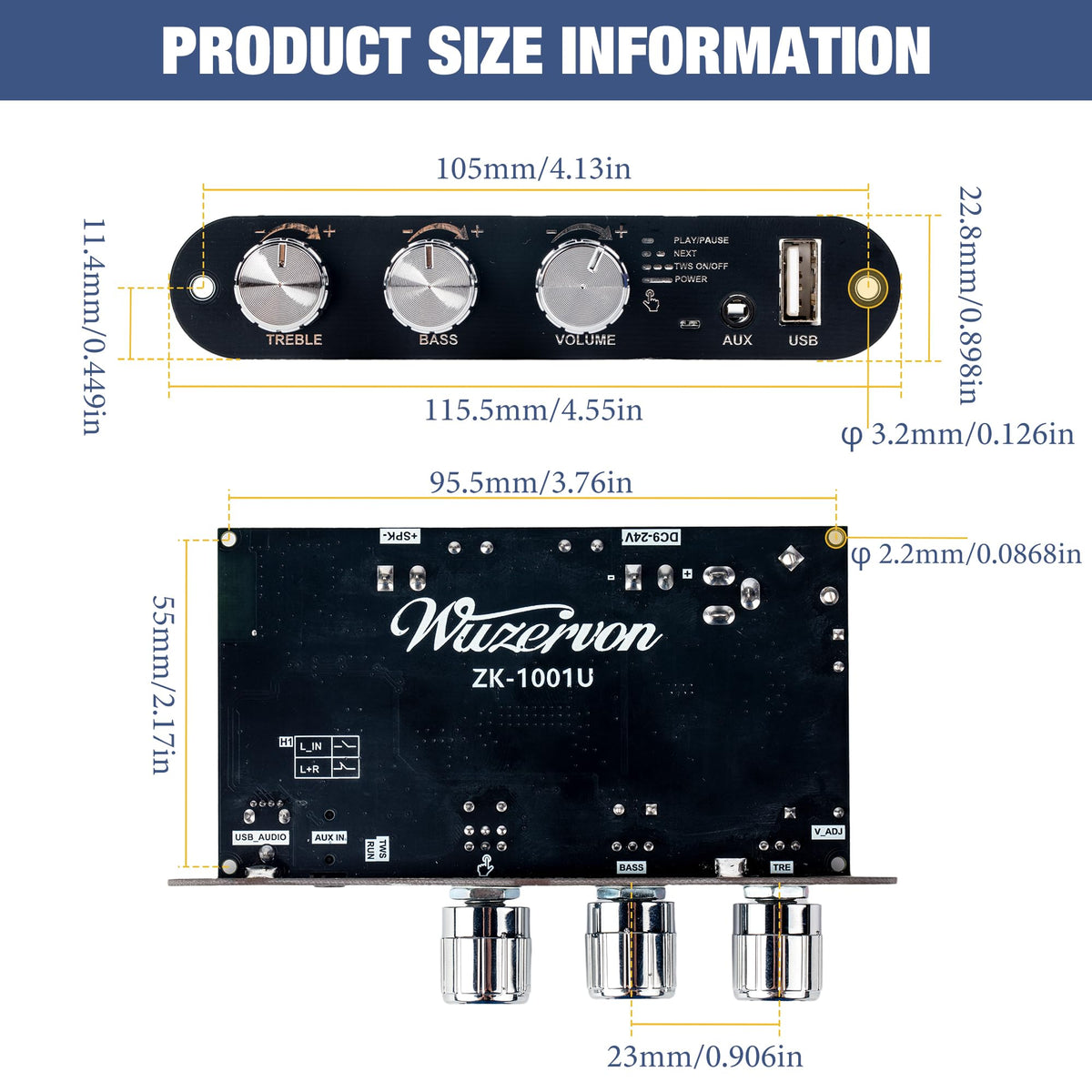 Qoroos ZK-1001U USB and AUX ports for flexible input options