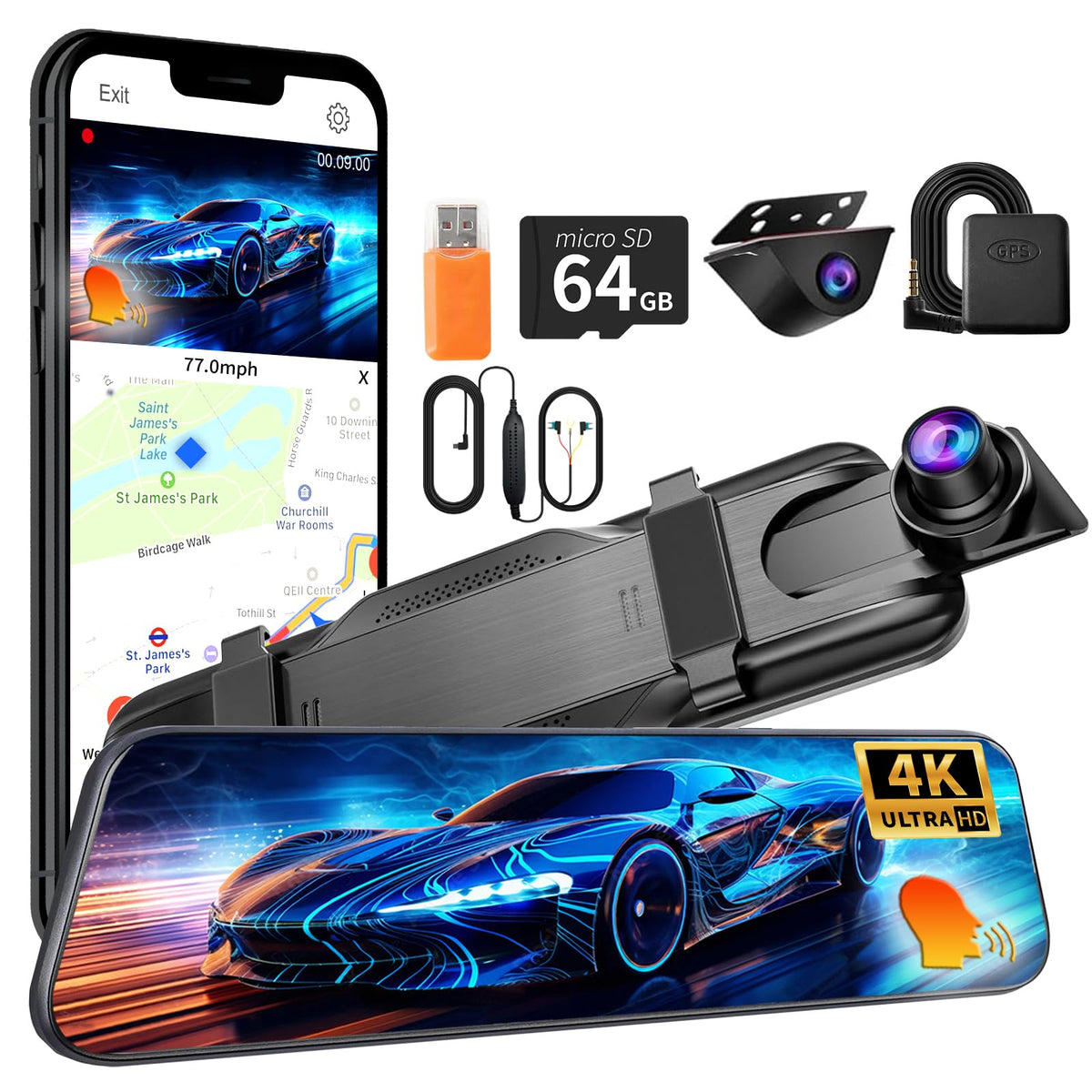 QOZ Mirror Dual Dash Camera front 4K view enhances daytime driving safety.