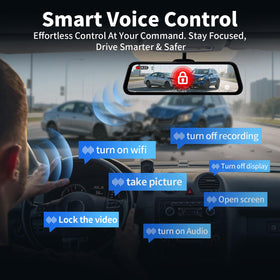 QOZ Mirror Dual Dash Camera with WDR night vision improves footage in bright or dark conditions.