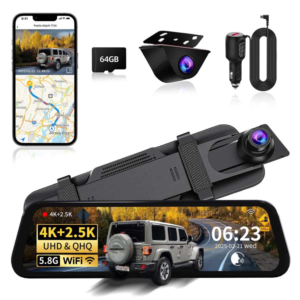 QOZ Mirror Dual Dash Front Camera 4K for crisp daytime footage