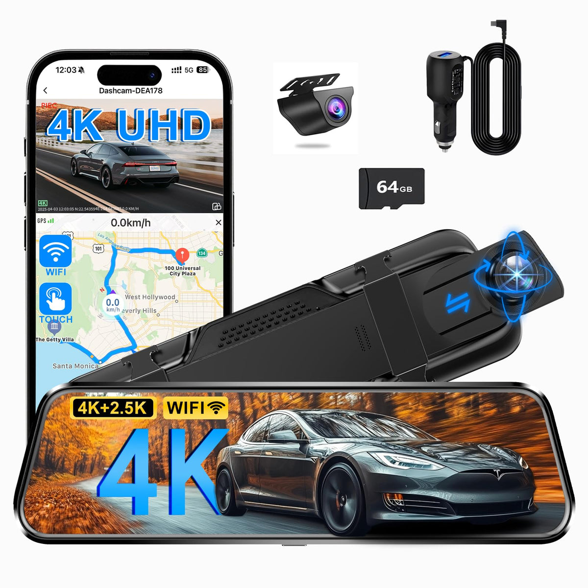 QOZ Mirror front camera 4K captures crisp road details for safer daytime driving.