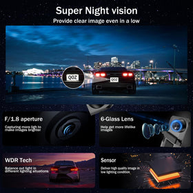 QOZ Mirror 10-inch IPS touchscreen delivers clear visuals and quick controls.