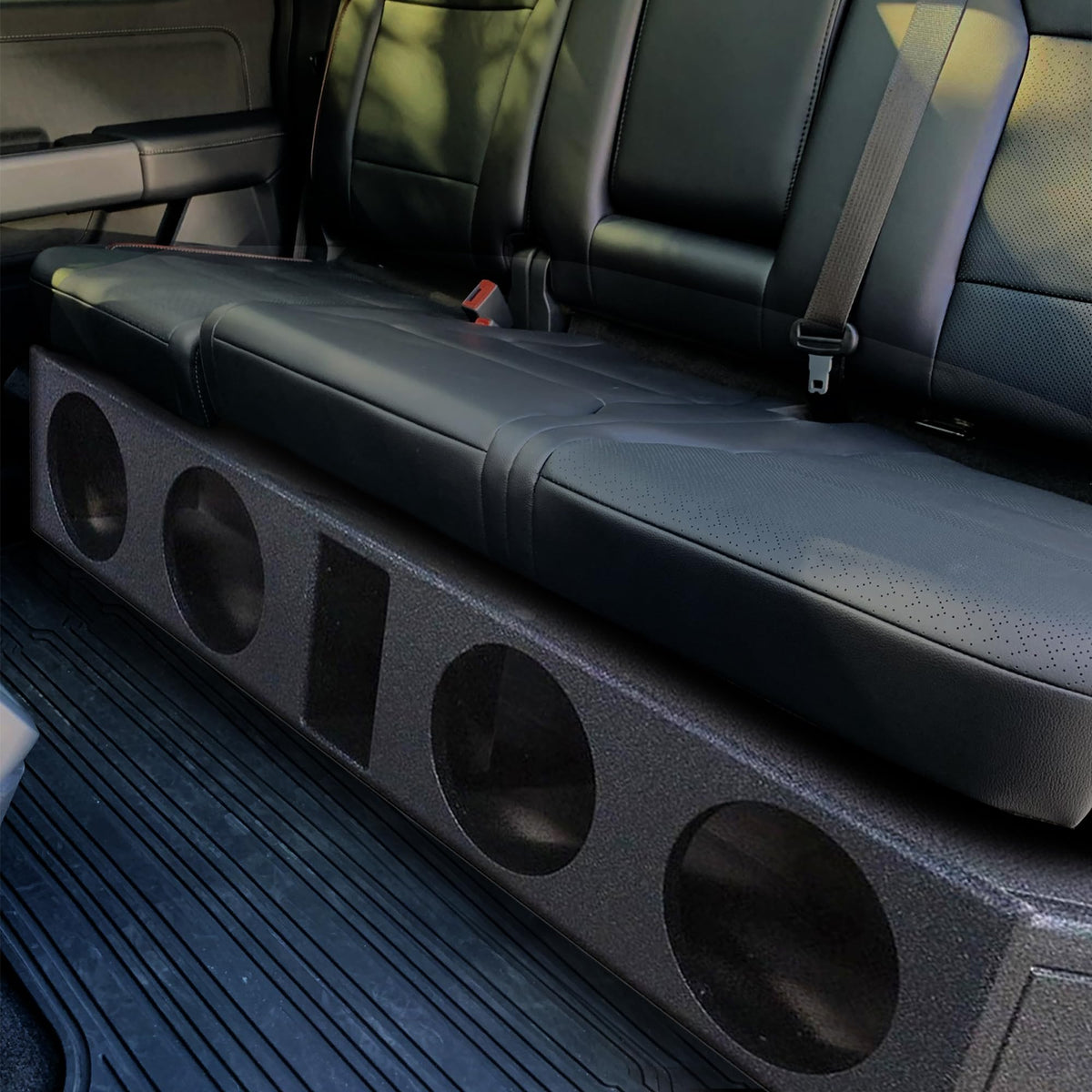 QPower Downfire Quad 8in underseat box side-mount passenger view demonstrates fit