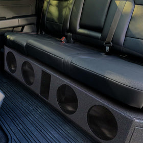 QPower Downfire Quad 8in underseat box side-mount passenger view demonstrates fit