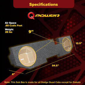 QPower dual 10in underseat subwoofer fits 2002-2018 Ram models shown