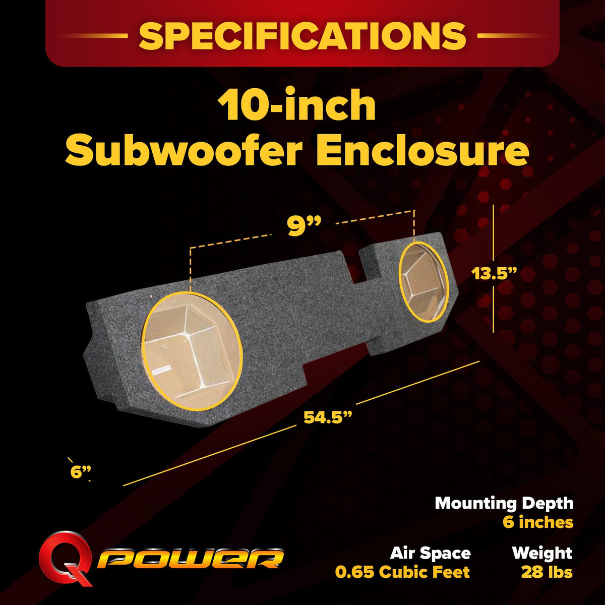 QPower dual 10in underseat subwoofer front face highlighting dual-chamber design