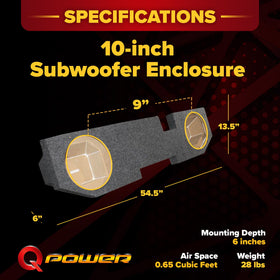 QPower dual 10in underseat subwoofer front face highlighting dual-chamber design