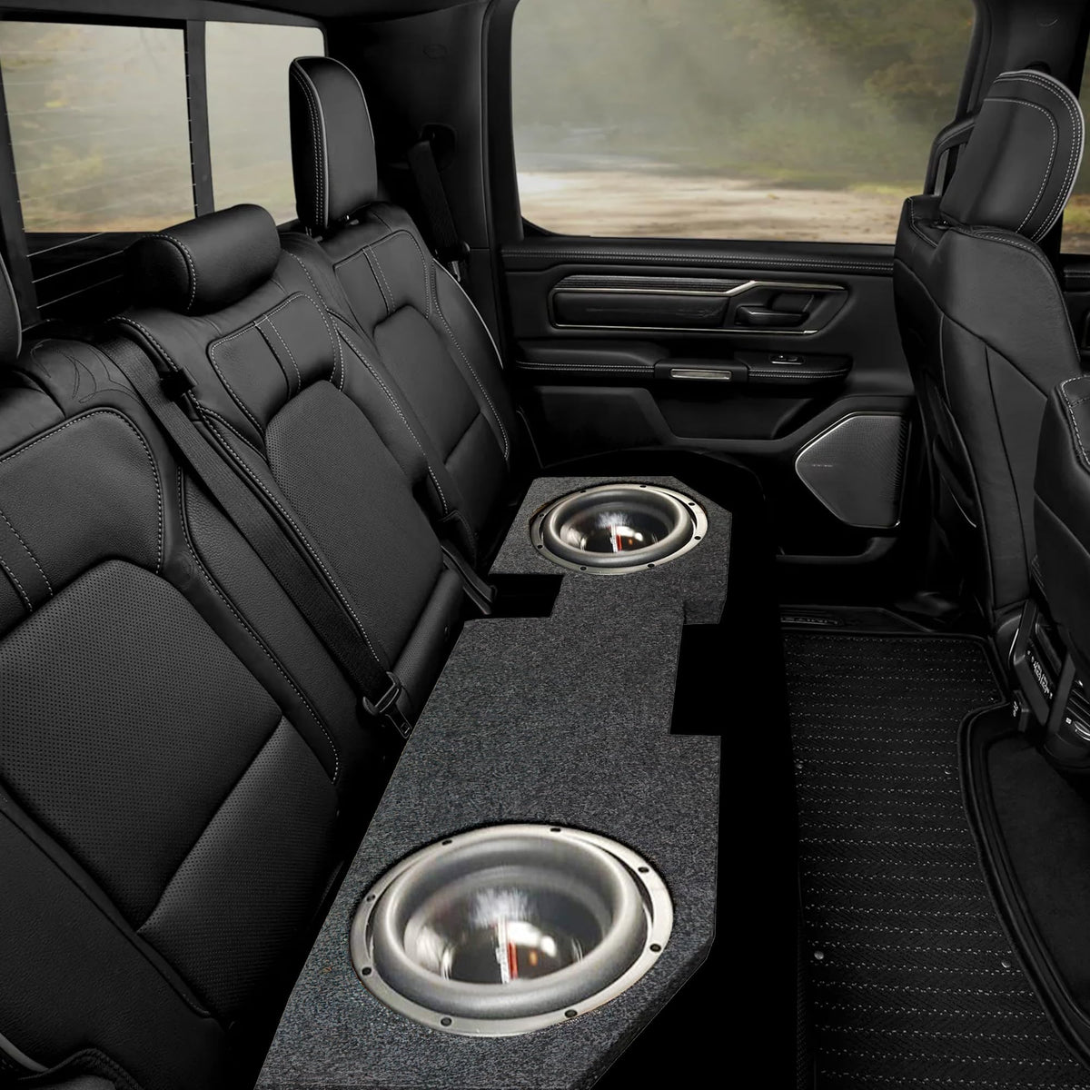 QPower dual 10in underseat subwoofer installation view for Ram crew cab