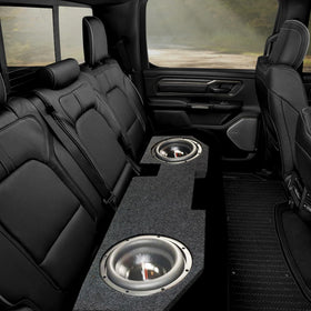 QPower dual 10in underseat subwoofer installation view for Ram crew cab