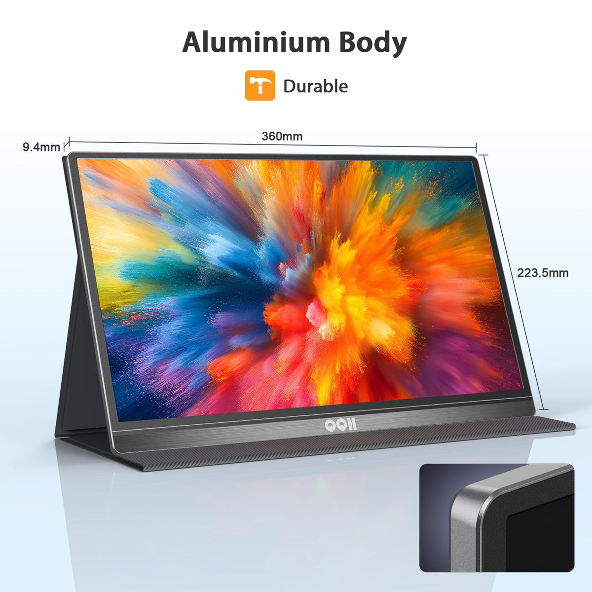QQH portable monitor compatible with laptops, smartphones, and gaming consoles.