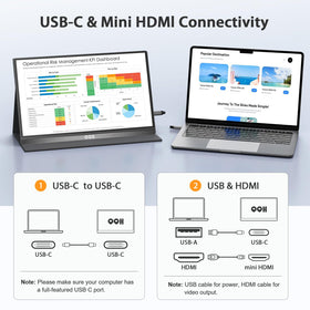 QQH monitor with USB-C and HDMI ports for versatile device connections.