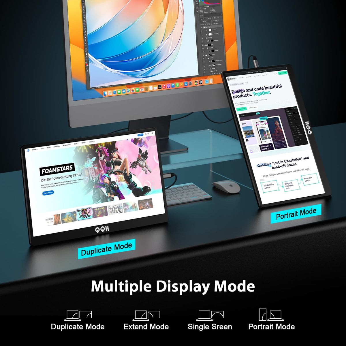 QQH second screen supports extend or duplicate mode for multitasking.