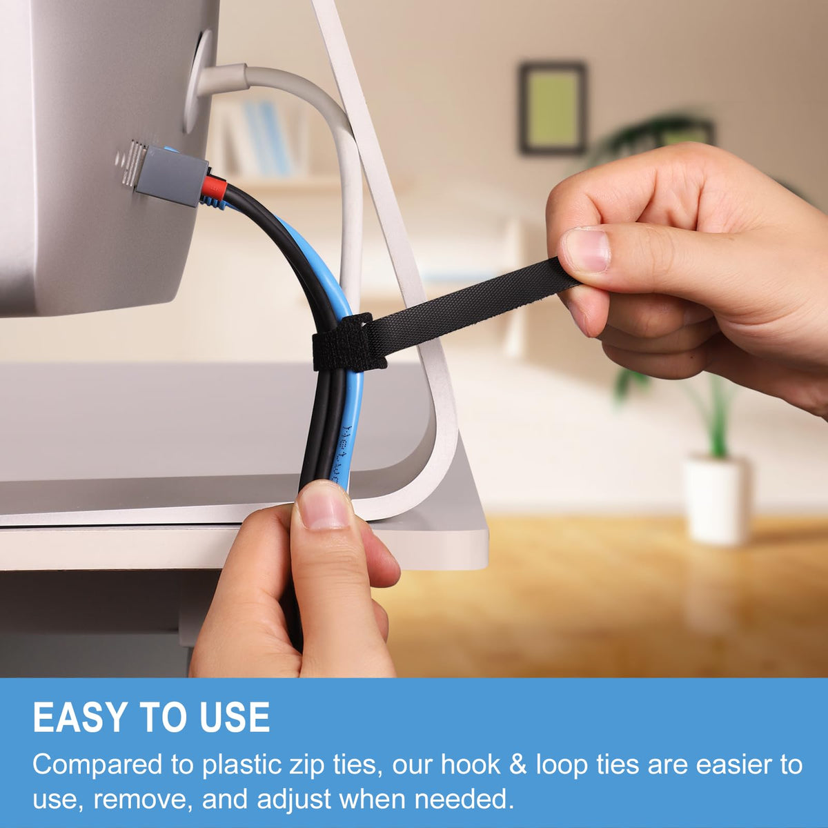 QTBLY labeled desk cables showing neat organization and accessibility