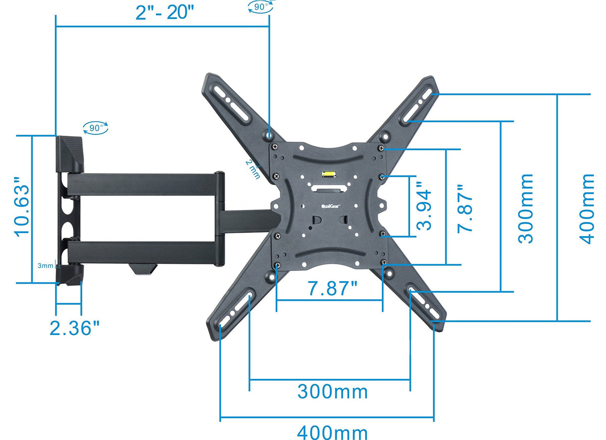 QualGear arm fully extended 18.5 inches offering flexible viewing positions