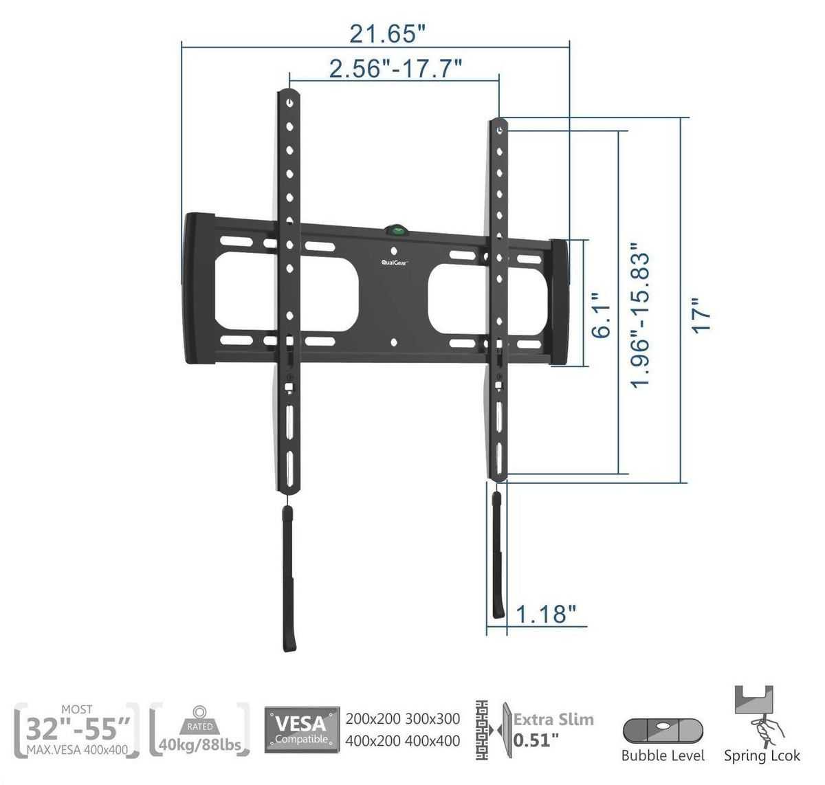 QualGear integrated bubble level and pull-down cords for easier alignment benefit