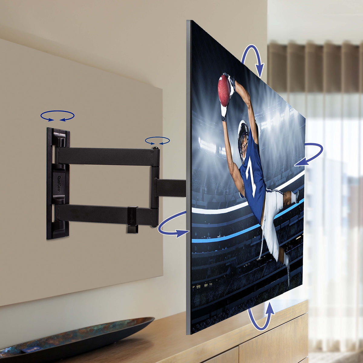 QualGear side profile showing TV placed 1.8 inches from wall for clean look