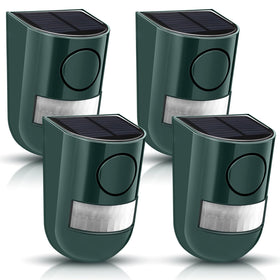 Qualirey front view of green alarm showing speaker and solar panel, visible deterrent