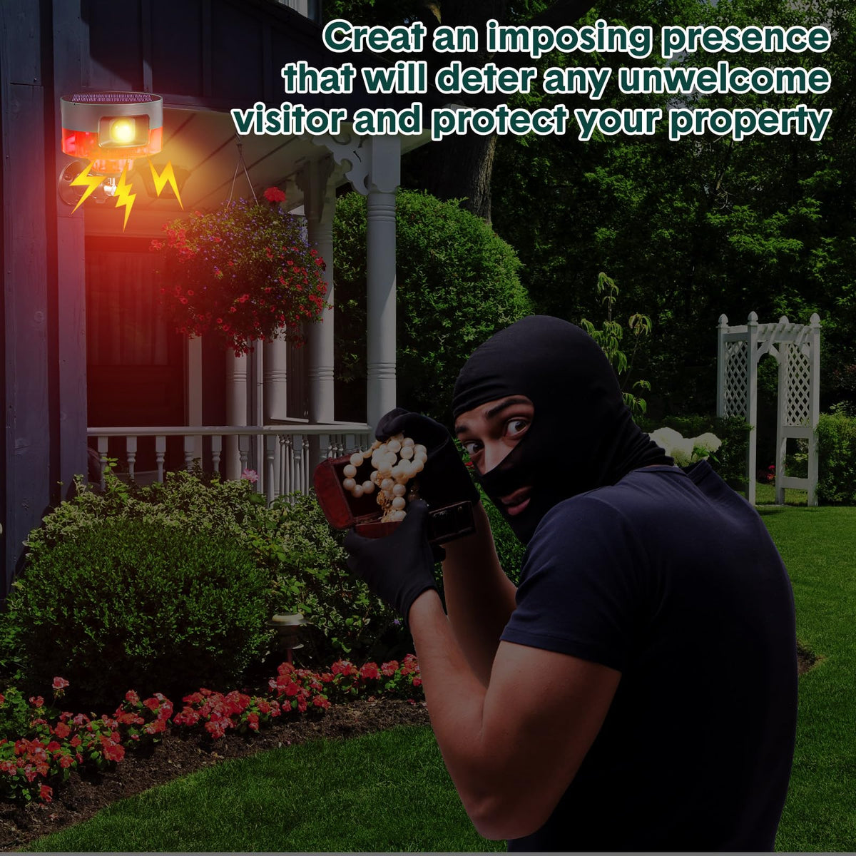 Qualirey LED strobe outdoor alarm illustrating weatherproof, all-weather use.