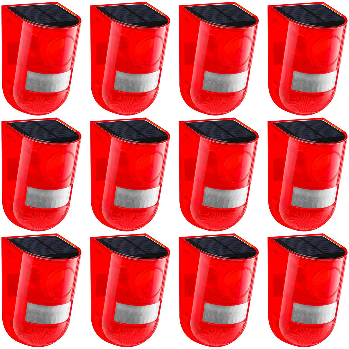 Qualirey solar siren 12-pack front view for outdoor deterrence and visibility.