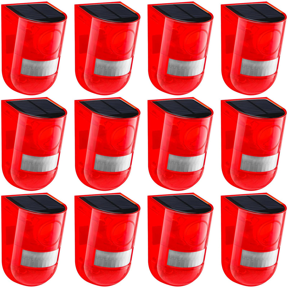 Qualirey solar siren 12-pack front view for outdoor deterrence and visibility.