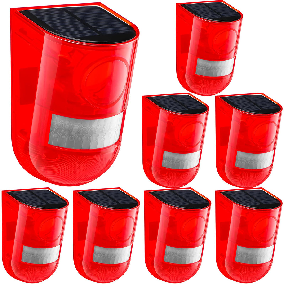 Qualirey solar alarm front view in red enhances outdoor security.