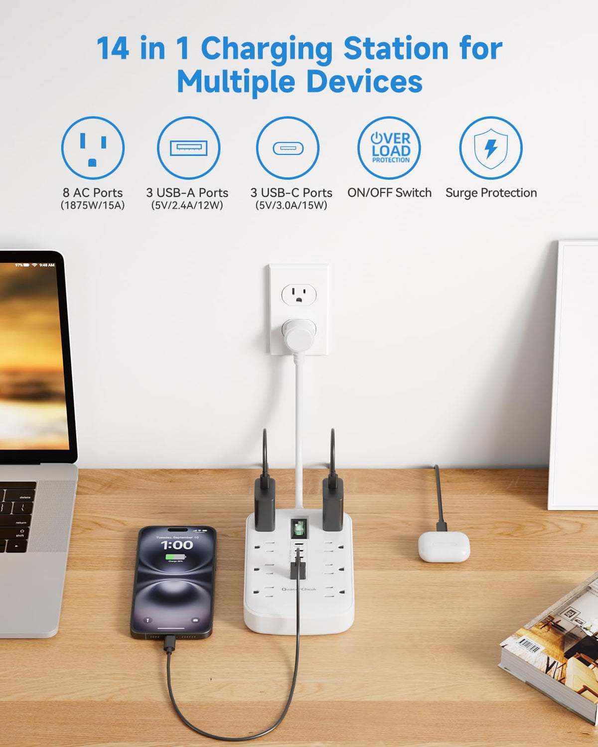 QuasarCheuk 1080 Joules surge protection safeguards electronics.