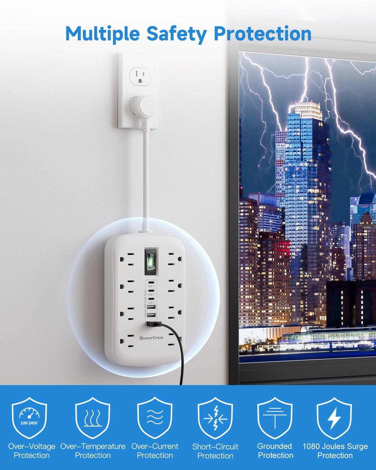 QuasarCheuk flat wall-plug design fits tight spaces behind a TV.