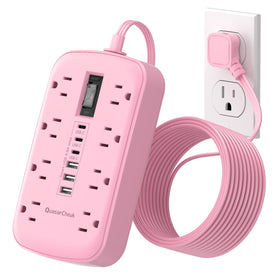 QuasarCheuk front view of pink power strip showing outlets and USBs for tidy charging