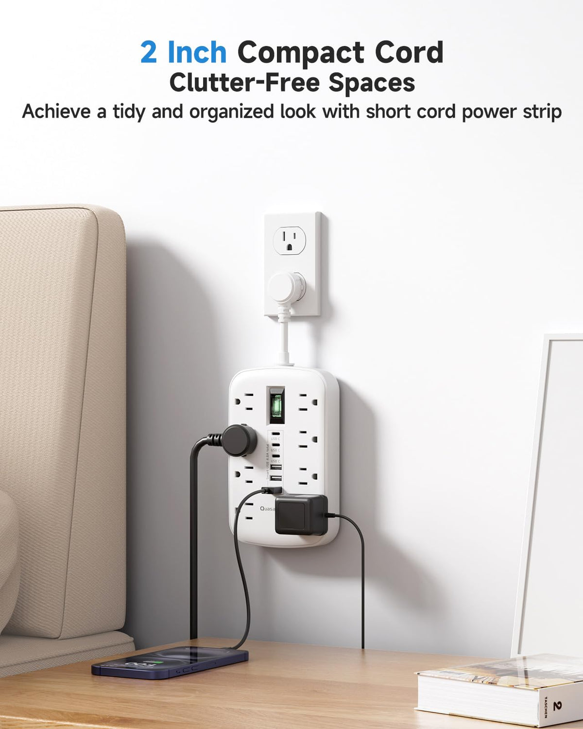 QuasarCheuk short extension cord showing eight AC outlets and six USB ports for versatile charging.